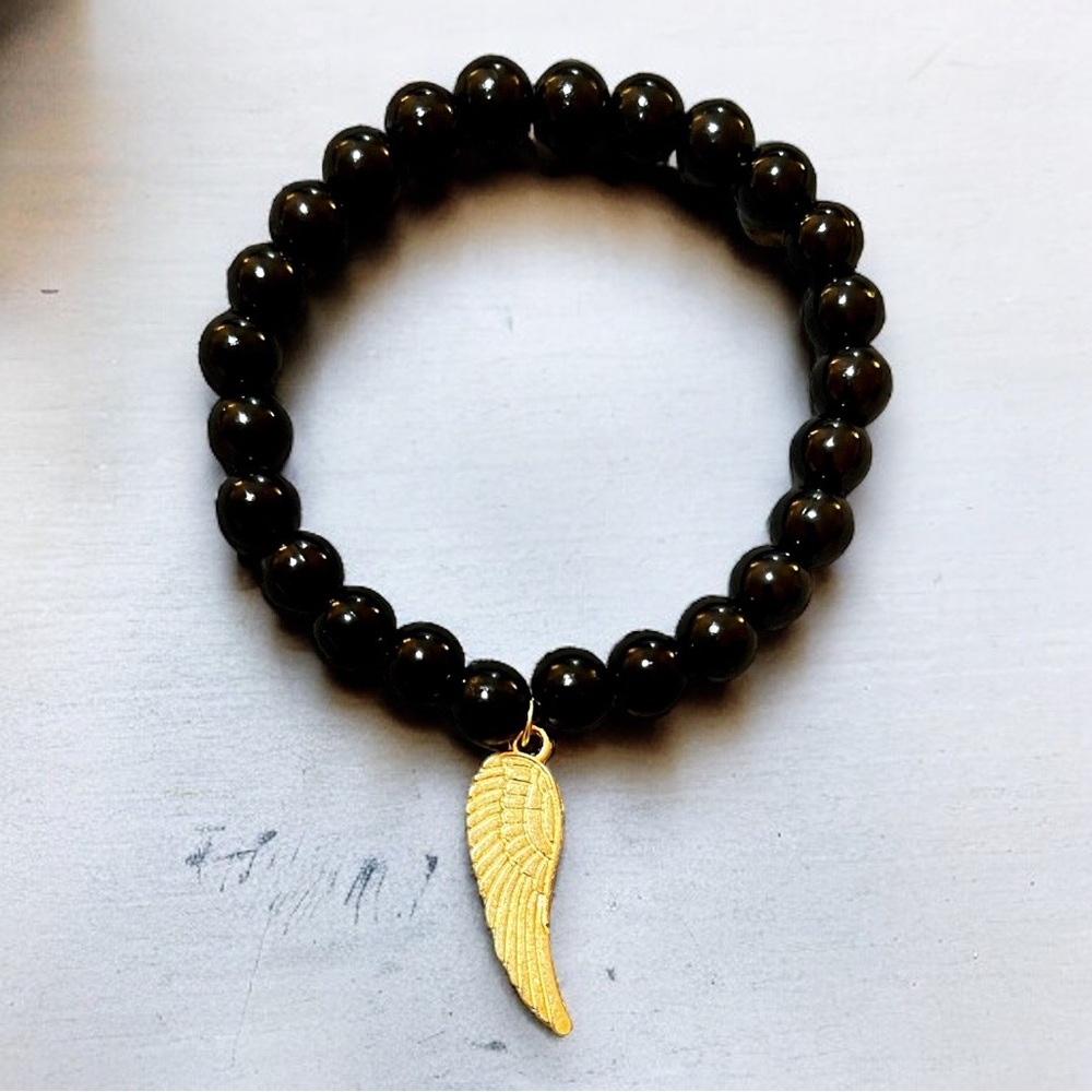 Custom Black beaded Angel Wing Charm Bracelet (buy 2 for BFFs)!